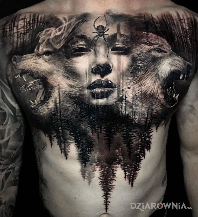 Tatuaż kobieta z wilkami w motywie czarno-szare i stylu realistyczne na brzuchu