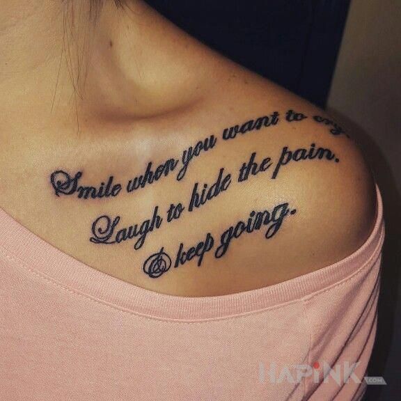 Tattoo Prawda życiowa in lettering motif and calligraphy style on the collarbone