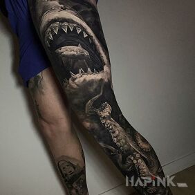 Tattoo Bloodthirsty shark on the calf motif: 3D style: realistic