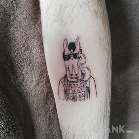 Tattoo Bojack horseman on the calf motif: black and gray style: cartoon / comic book