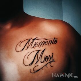 Tattoo Memento mori on the chest motif: lettering style: calligraphy