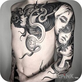 Tattoo Inception on the stomach motif: faces style: graphic / illustrative