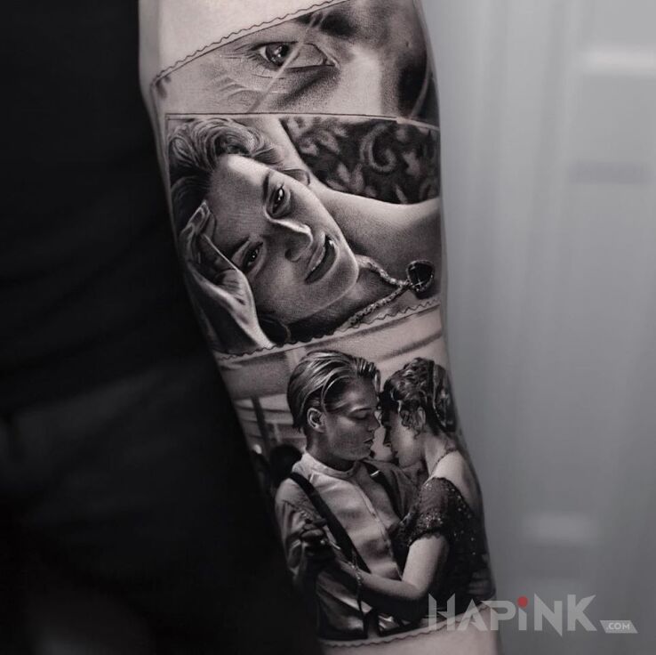 Tattoo Titanic in characters motif and realistic style on the forearm