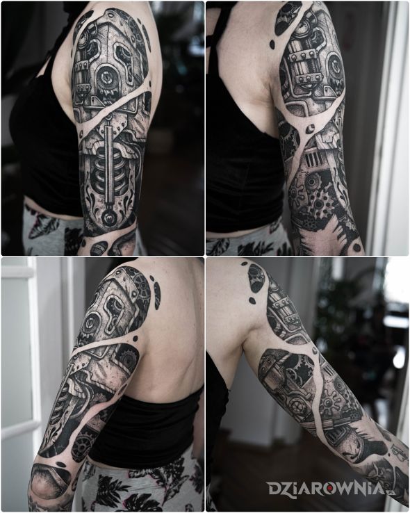 Tatuaż steampunk w motywie steampunk i stylu biomechanika na ramieniu