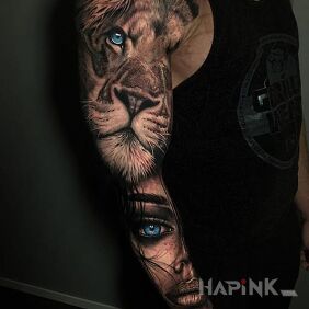 Tattoo The lion and the girl on the forearm motif: sleeves style: realistic