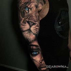 Tatuaż Lew i dziewczyna na przedramieniu motyw: 3D styl: realistyczne