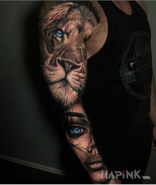 Tattoo Lew i dziewczyna in black and gray motif and realistic style on the forearm