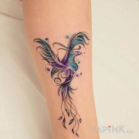 Tattoo Blue phoenix on the leg motif: colorful style: graphic / illustrative