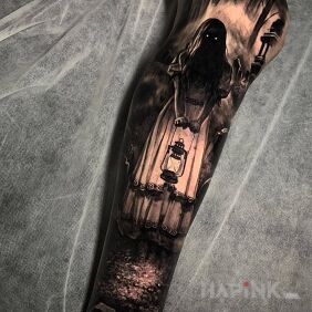 Tattoo Terrible girl on the calf motif: black and gray style: realistic