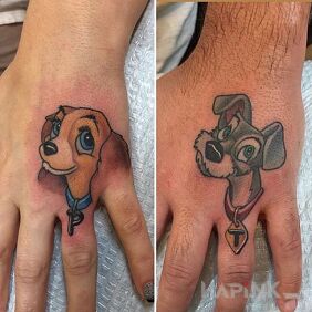 Tattoo Mongrels in love on the hand motif: animals style: cartoon / comic book