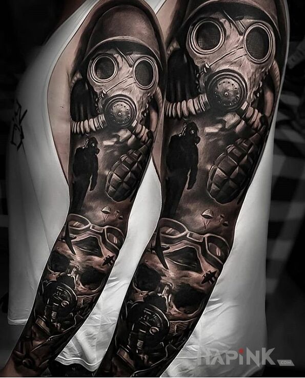 Tattoo War in war motif and realistic style on the forearm
