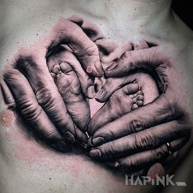 Tattoo Rodzina w dłoniach in black and gray motif and realistic style on the chest