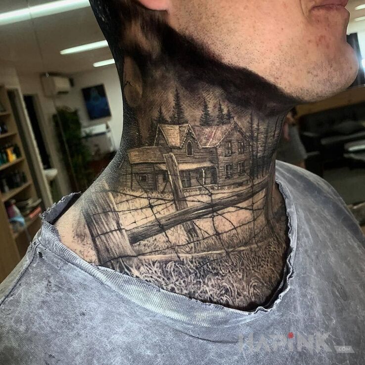Tattoo Chatka :D in black and gray motif and realistic style on the throat