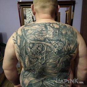 Tattoo Death on horseback on the shoulder blades motif: characters style: graphic / illustrative