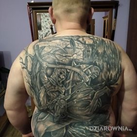 Tatuaż Śmierć na koniu na plecach motyw: postacie styl: graficzne / ilustracyjne