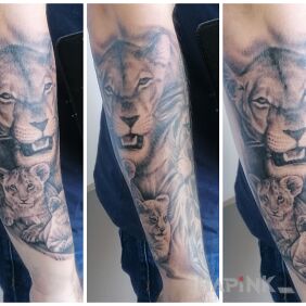 Tattoo Lioness with cubs on the forearm motif: animals style: realistic