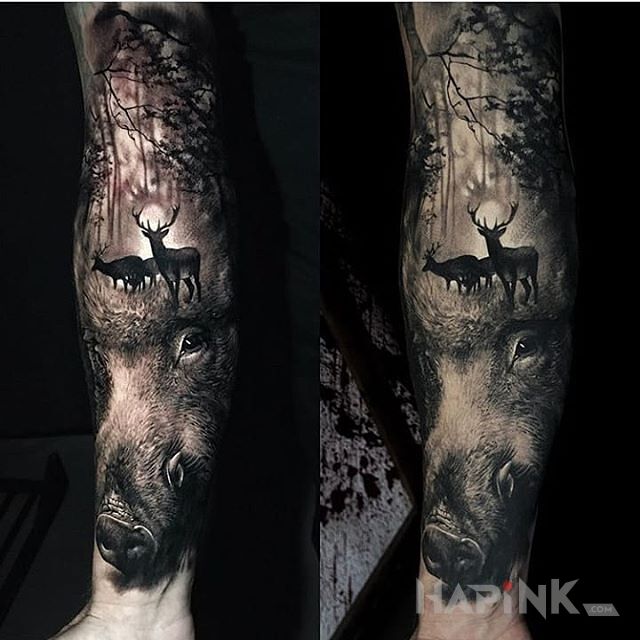 Tattoo Dzik in 3D motif and realistic style on the forearm