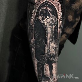 Tattoo A couple in love on the forearm motif: characters style: realistic