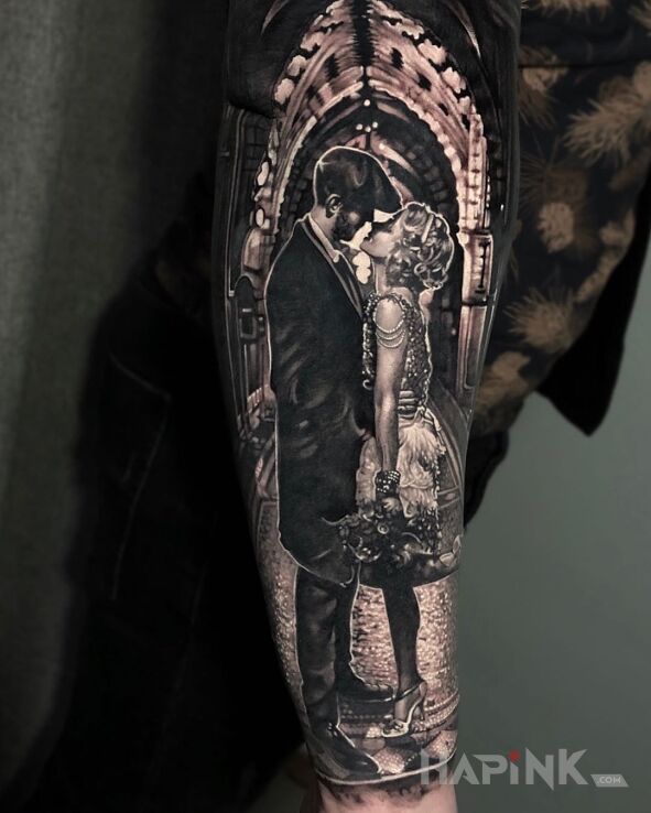 Tattoo Zakochana para in black and gray motif and realistic style on the forearm