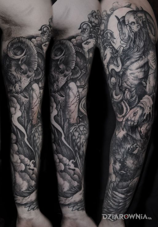 Tatuaż diabeł boruta w motywie rękawy i stylu graficzne / ilustracyjne na ramieniu