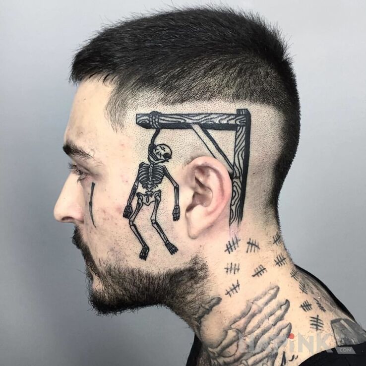 Tattoo Wisielec in black and gray motif and graphic / illustrative style on the face