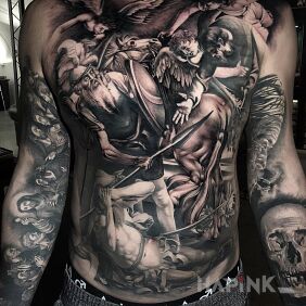 Tattoo Helpful angels on the upper arm motif: black and gray style: realistic
