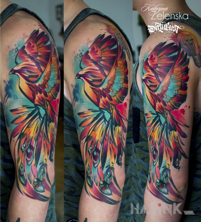 Tattoo Feniks in fantasy motif and Watercolor style on the upper arm