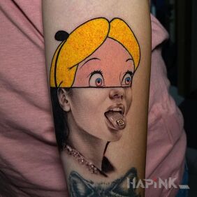 Tattoo Alice in Wonderland on the forearm motif: faces style: realistic