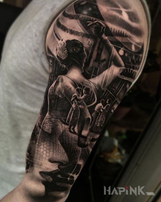 Tattoo Tancerka in characters motif and realistic style on the upper arm