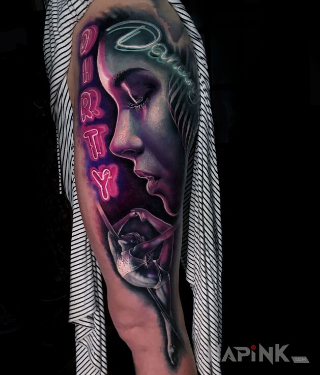 Tattoo Dirty dancing in faces motif and realistic style on the leg