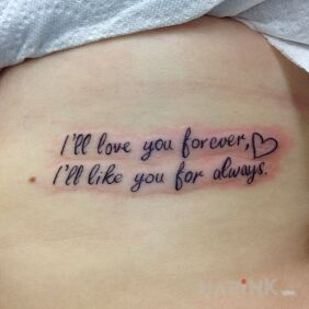 Tattoo Loving and liking on the ribs motif: lettering style: calligraphy