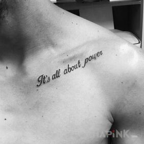 Tattoo Power and might on the collarbone motif: lettering style: calligraphy