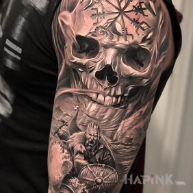 Tattoo Vikings on the upper arm motif: characters style: realistic