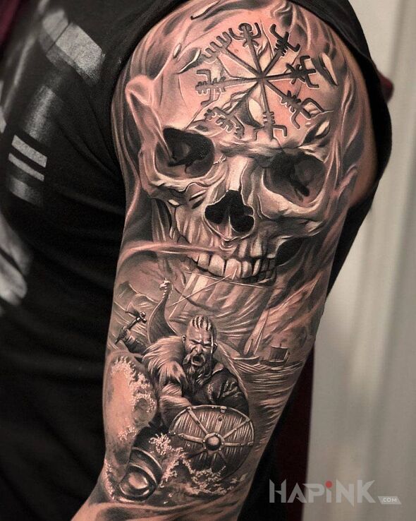 Tattoo Wikingowie in 3D motif and realistic style on the upper arm