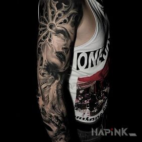 Tattoo Faces and stained glass on the forearm motif: Stained glass style: realistic