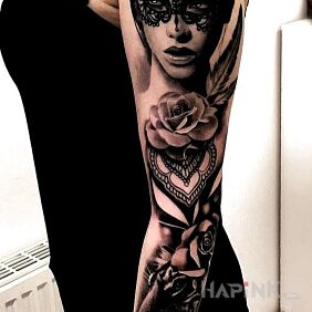 Tattoo Woman in a mask on the forearm motif: faces style: realistic
