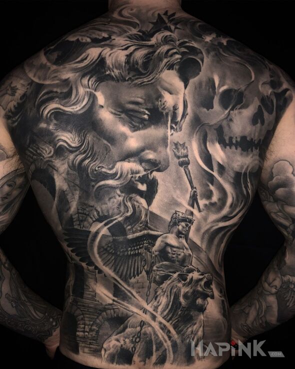 Tattoo Victoria in skulls motif and realistic style on the shoulder blades