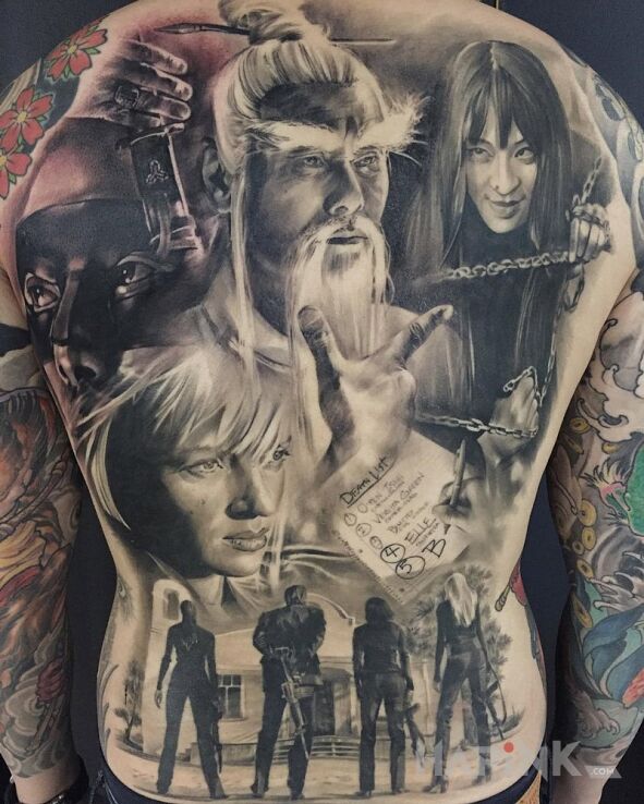 Tattoo Kill Bill in characters motif and realistic style on the back