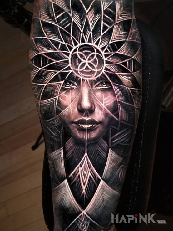 Tattoo Twarz w witrażu in black and gray motif and realistic style on the forearm