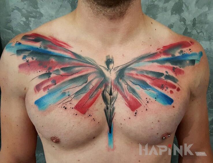 Tattoo Skrzydlata istota in characters motif on the chest