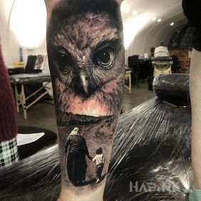 Tattoo By the hand with grandma on the calf motif: characters style: realistic