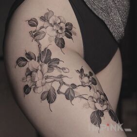 Tattoo Beautiful flowers on the leg motif: flowers style: graphic / illustrative