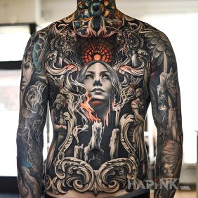 Tattoo Portrait of a woman in the center on the upper arm motif: faces style: realistic
