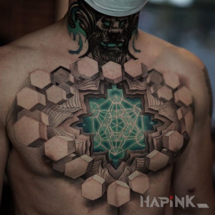 Tattoo Mocarny tatuaż 3D in colorful motif and realistic style on the chest