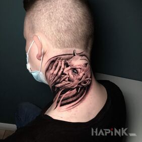 Tattoo Devil on the neck motif: black and gray style: realistic