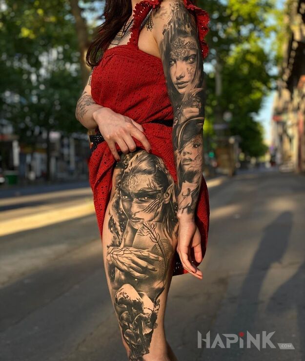 Tattoo 3 portrety in black and gray motif and realistic style on the forearm