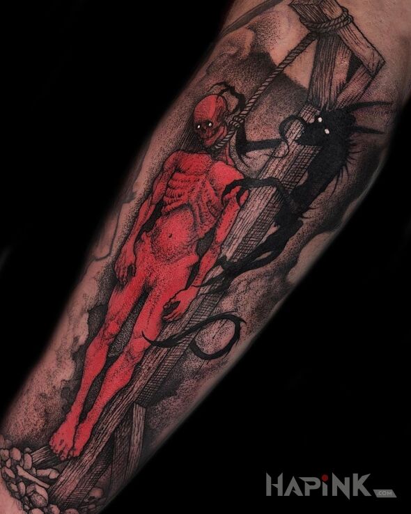 Tattoo Mrok, tylko mrok ☠ in characters motif and graphic / illustrative style on the forearm