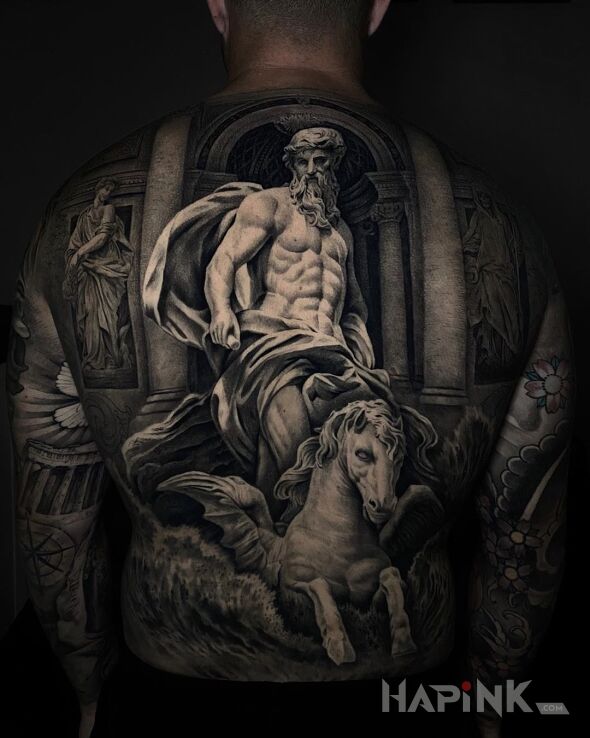 Tattoo Muskularny heros in animals motif and realistic style on the back
