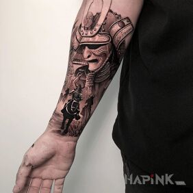 Tattoo Samurai on horseback on the forearm motif: 3D style: realistic