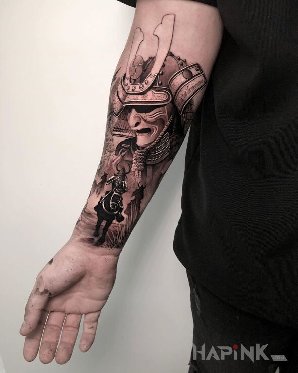 Tattoo Samuraj na koniu in 3D motif and realistic style on the forearm